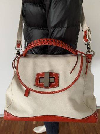 ABRO: Grosszügige Handtasche, Canvas/rotes Leder, NP 398.-
