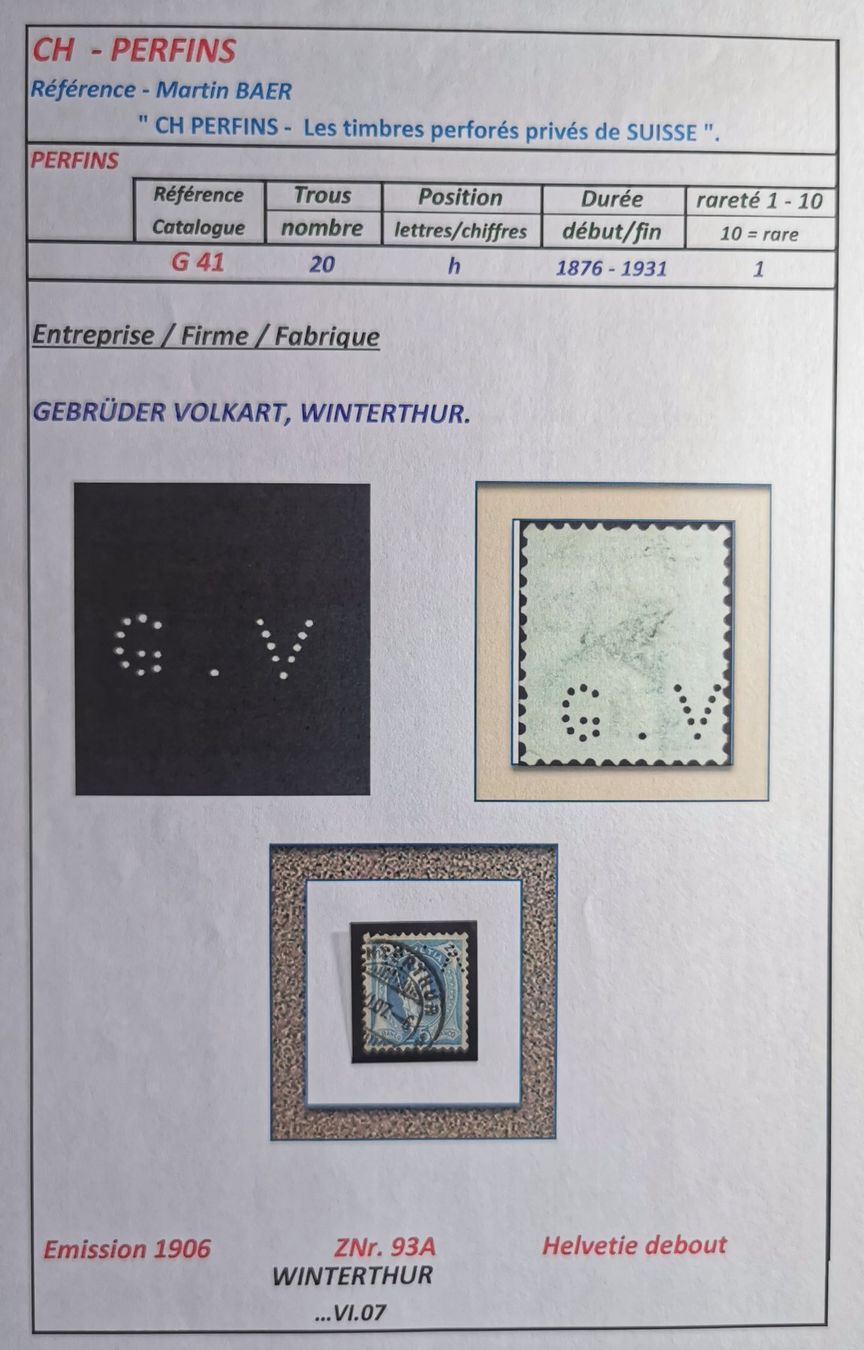 Tutti i francobolli: TR82 CH Perfins ZNr. 93A – Usato da Cousset venduto da Patrick_Collections