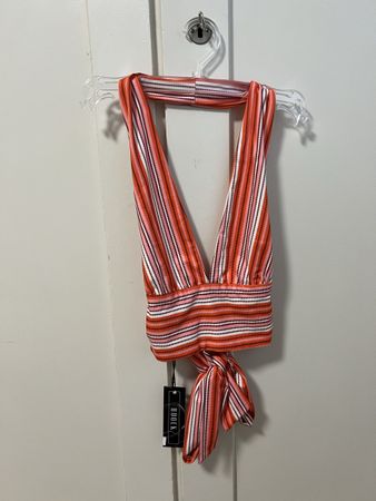 Top donna a righe corallo con laccetti taglia M nuovo