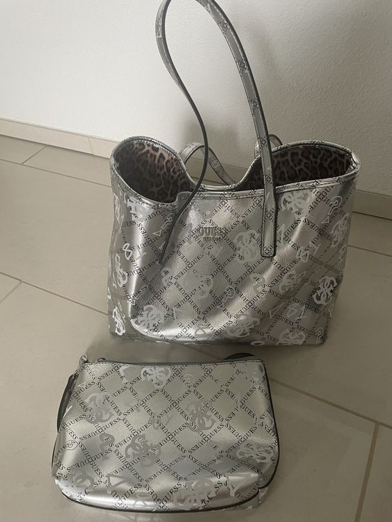Damen Handtasche Tasche Silber Shopper Guess Tasche Silber Shopper