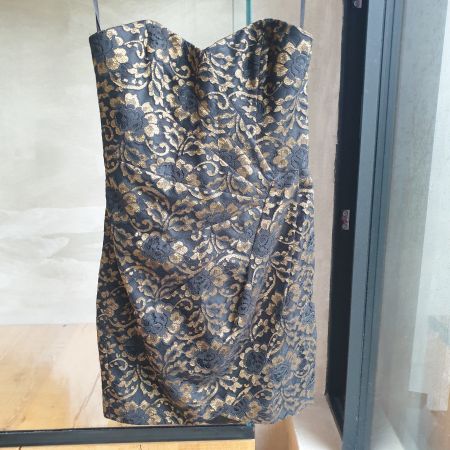 🐸 SCHWARZ GOLD COCKTAILKLEID FESTKLEID ETUIKLEID KLEID 38