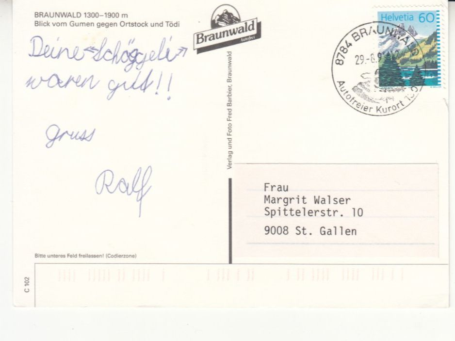 Cartoline postali: Braunwald 1995 – Usato da Bürglen TG venduto da StampGraf 1