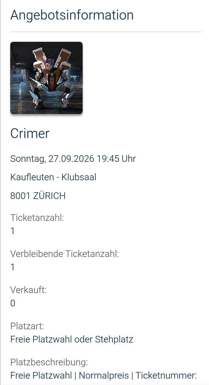 Biglietti: Konzertticket Crimer – Nuovo e nell'imballaggio originale da Wienacht-Tobel venduto da At8
