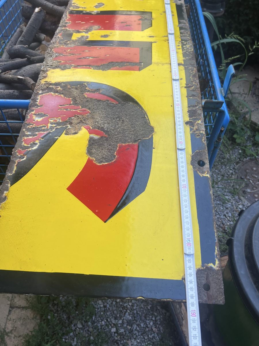 Shell Insegne: Shell Schild alt Emaill Werbeschild Tank – Usato da Mellingen venduto da Oelquelle 2