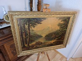 Antiker Oeldruck Alpenlandschaft Bergsee Prunkrahmen
