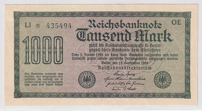Banconote: 1000 MARCHI -15 SETTEMBRE 1922- GERMANIA – Nuovo (secondo la descrizione) da CHIASSO venduto da Rochelle59.
