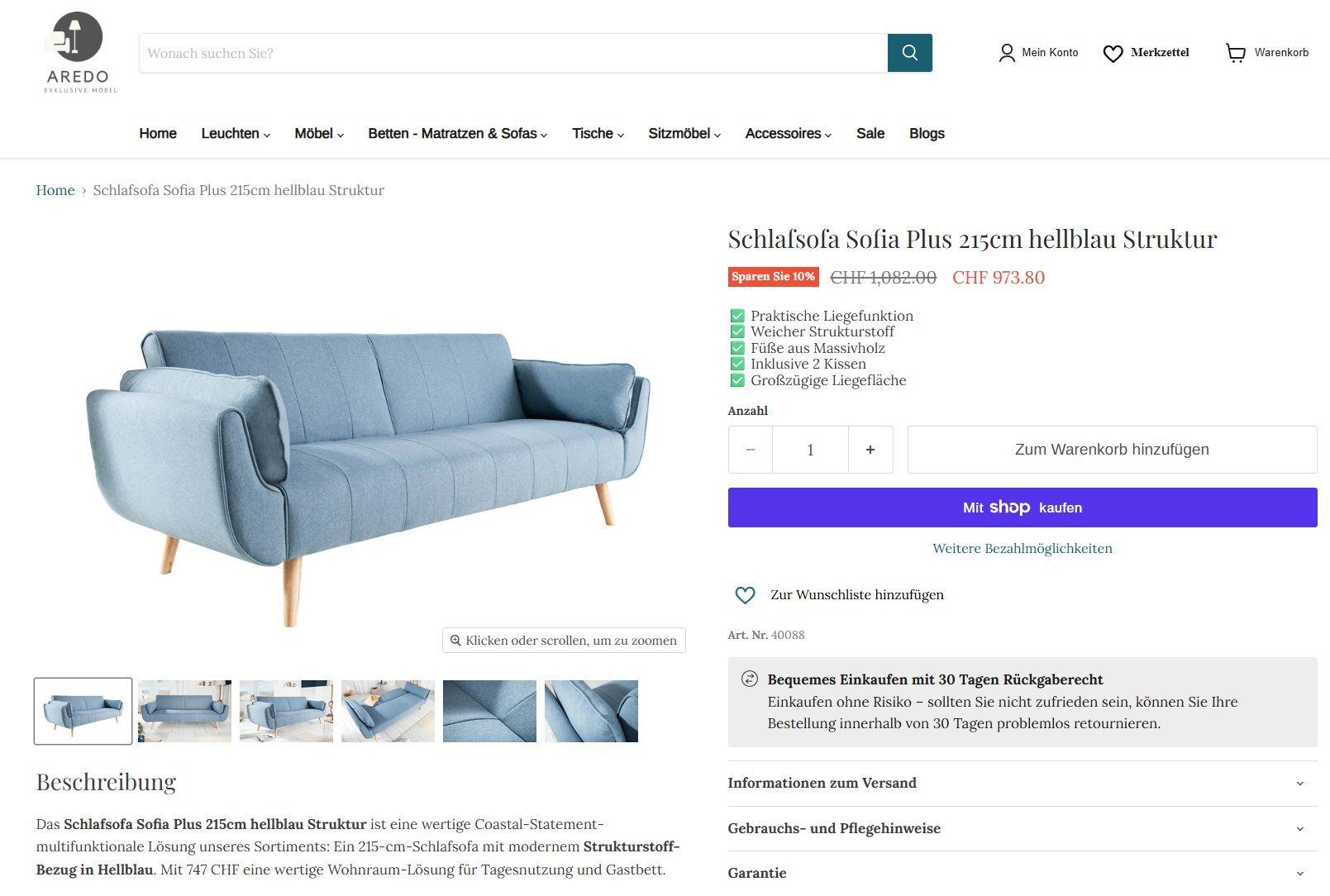 Sofas: Schlafsofa SOFIA PLUS 215cm Hellblau Struktur  OVP & Wie NEU – Neu und originalverpackt aus Winterthur von aredo 6