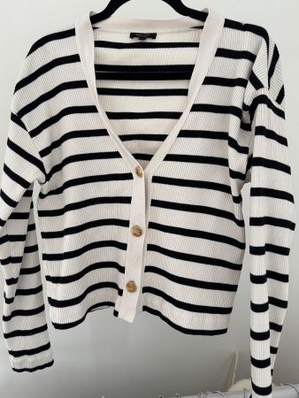 Massimo Dutti striped cardigan cream & white gold buttons