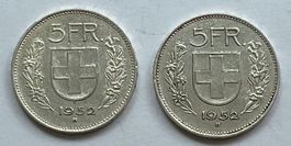 zwei Schweizer Silber 5 Franken-Münzen beide von 1952