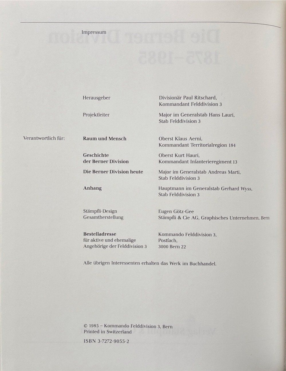 Libri: Ritschard Paul, Die Berner Division 1875-1985 – Usato da Sarnen venduto da Livres 1