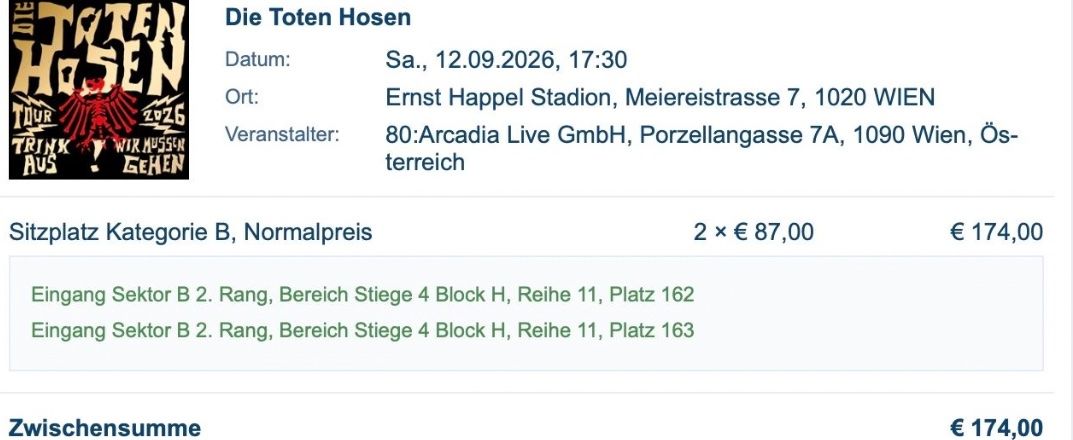 Tickets: Die Toten Hosen / 2 Sitzplatztickets – Neu und originalverpackt aus Steinach von V_10