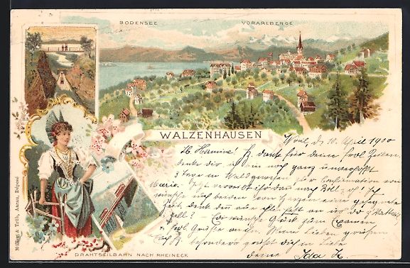 Cartoline postali: Litho Walzenhausen, Panorama mit Bodense – Usato da Berlin venduto da bartko-reher