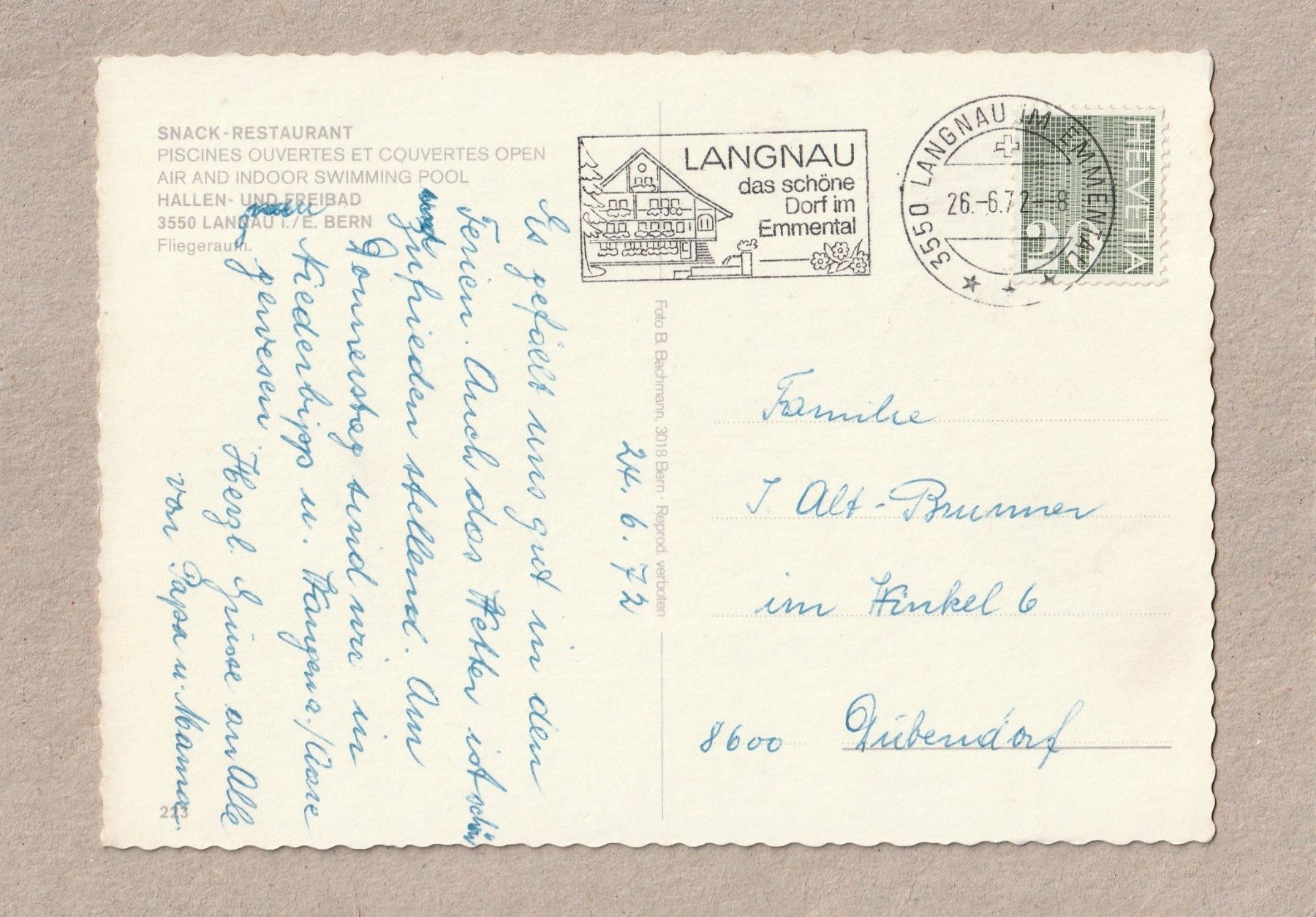 Cartoline postali: Schwimmbad Langnau, Emmental, 1972 – Usato da Würenlingen venduto da wetroki 1
