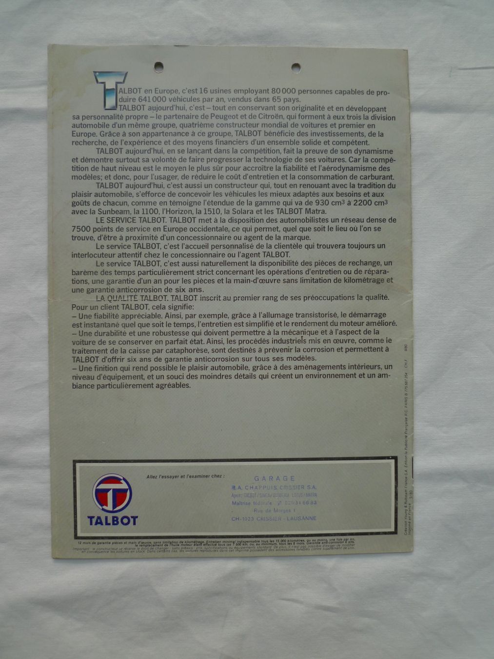 Talbot Dokumente: Autoprospekt Talbot 1510 von 1981 – Gebraucht aus Winterthur von Sacramons 1