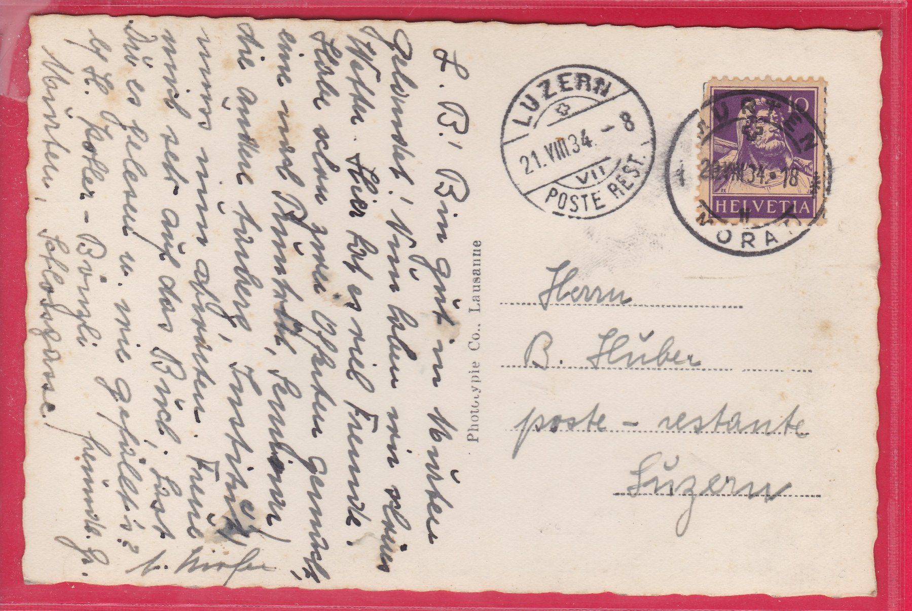 Cartoline postali: MURTEN UND DIE ALPEN, 21.8.1934 – Usato da Oberrieden venduto da Gebirgsstelze 1