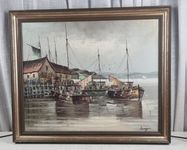 Altes Gemälde einer Hafenlandschaft