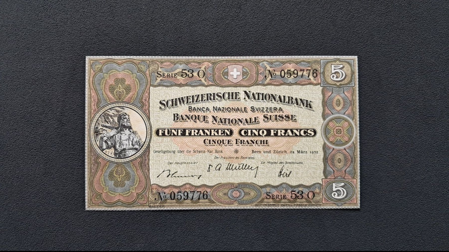 Banconote: 5 Franken  1952 Sign. Hirs Unc – Nuovo e nell'imballaggio originale da Lufingen venduto da E-Auktion