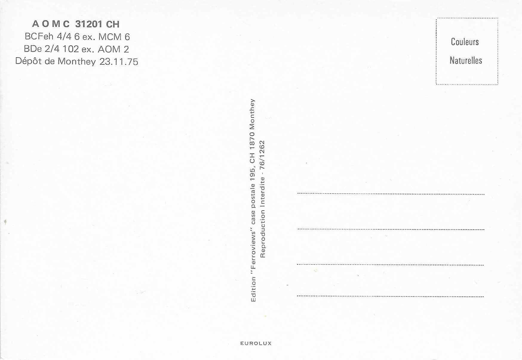 Cartoline postali: A O M C 31201 CH BCFeh 4/4 6 ex.MCM 6 – Nuovo (secondo la descrizione) da Rothrist venduto da Stranglehold 1