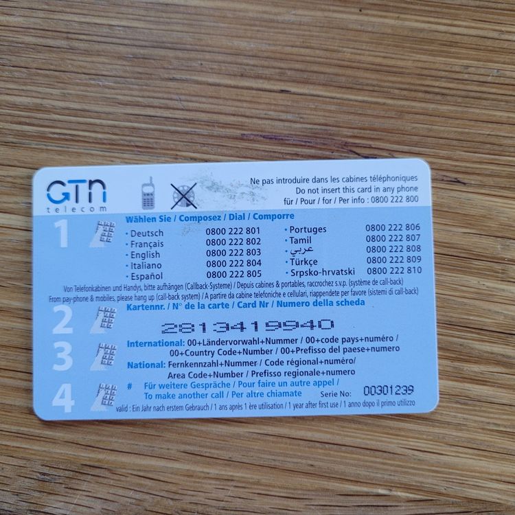 Carte Téléphonique GTN Télécom (Gebraucht) in Biel/Bienne für CHF 1 ...