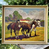 Vintage Oil Painting – Draft Horses in a Field, Signed, 1974