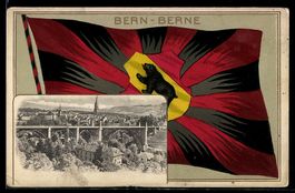 Lithographie Bern, Ortsansicht mit Viadukt und Wappenfahne