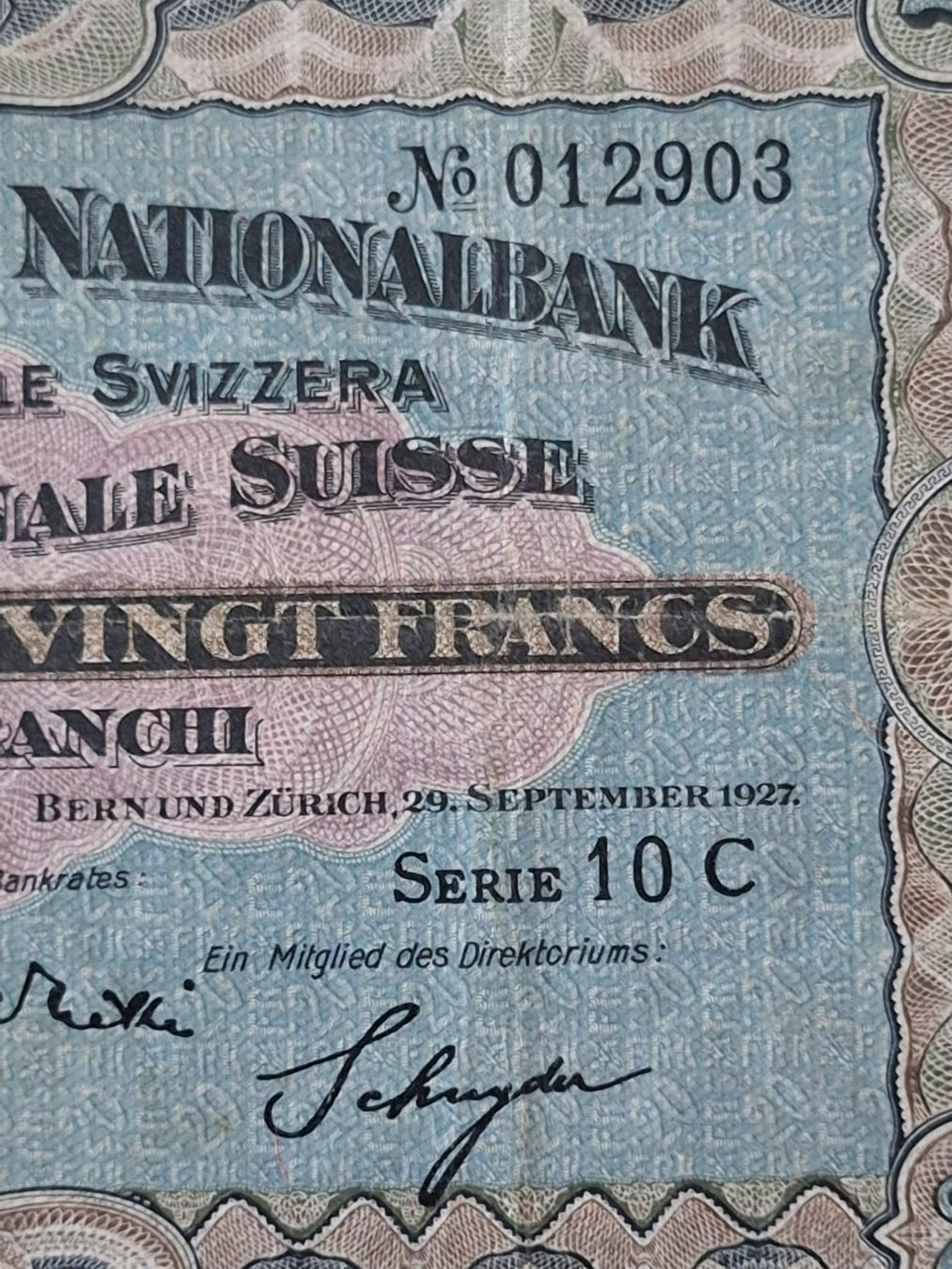 Banknoten: Schweizer Banknote 20 Franken, JG 1927 – Gebraucht aus Lohn-Ammannsegg von Beo71 2