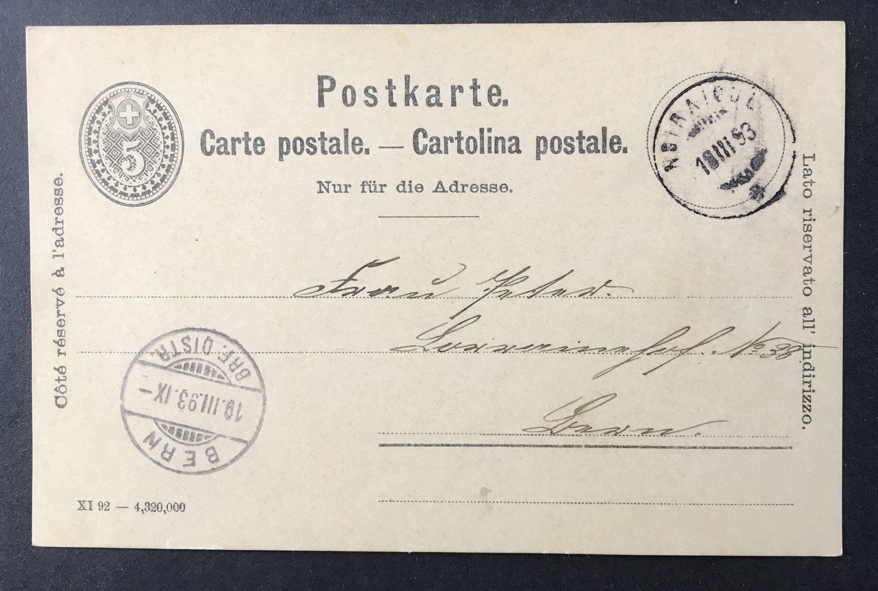 Tutti i francobolli: ANTIKE POSTKARTE SCHWEIZ 1893 – Usato da Ostermundigen venduto da Kari1937