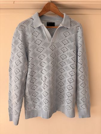 Light Blue Crochet Polo Sweater