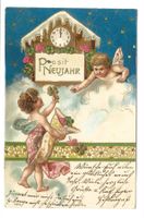 Prosit Neujahr - Engel - Uhr- Kleeblatt - Präge-Litho - 1905