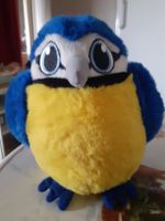 Plüschvogel Eule blau gelb Stofftier guter Zustand Neu