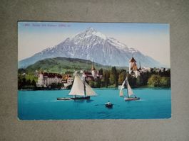 AK antik Color Spiez mit Niesen Bern Schloss Boote