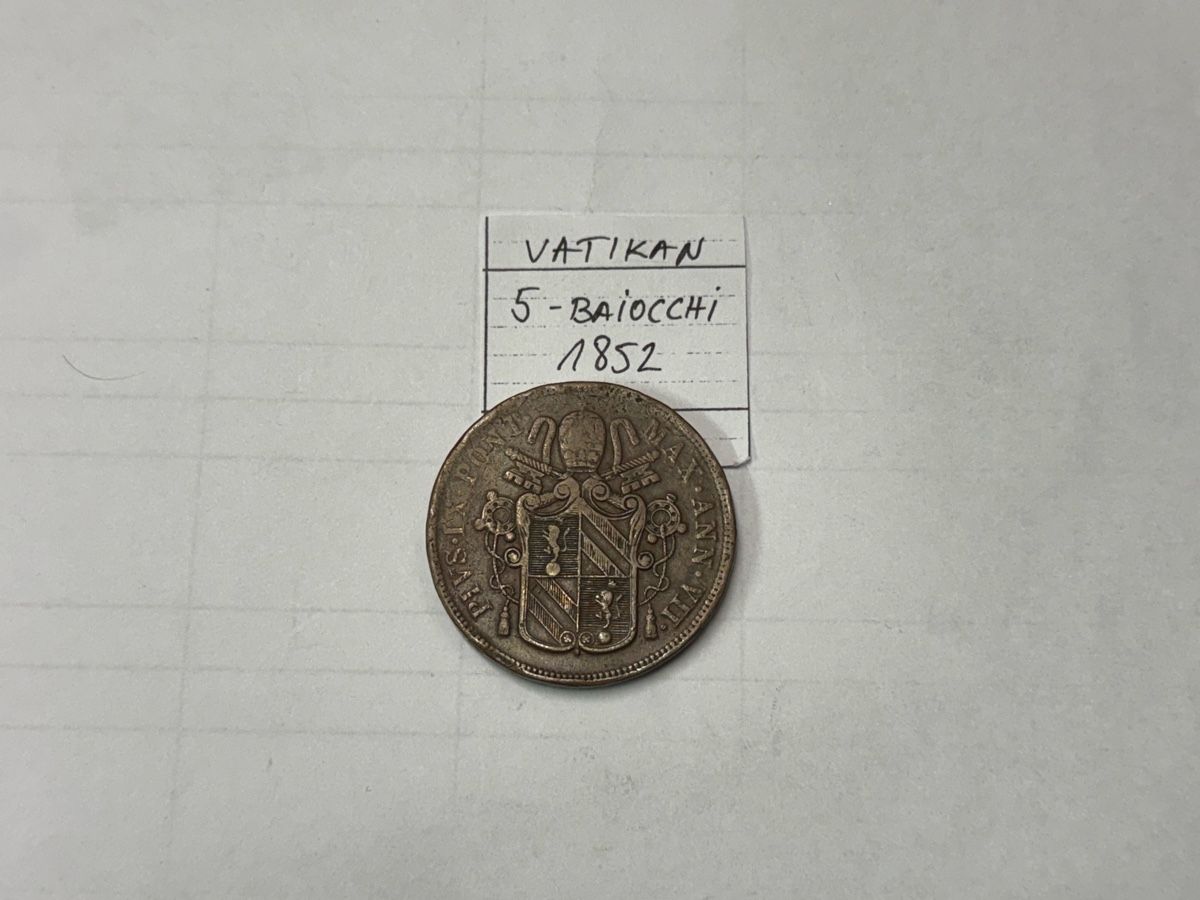 Tutti le monete: Vatikan 5 Baiocchi 1852  – Usato da Zürich venduto da daki81 1
