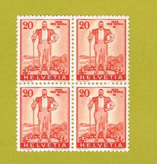 Tutti i francobolli: Eidg. Wehranleihe 1936 Viererblock 20+10 C. postfrisch – Nuovo (secondo la descrizione) da Hettlingen venduto da Zimmi01