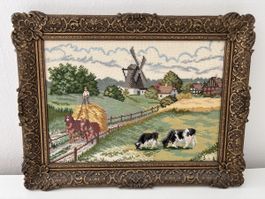 Gobelin Bild Bauernszene mit Windmühle und Kühen gerahmt