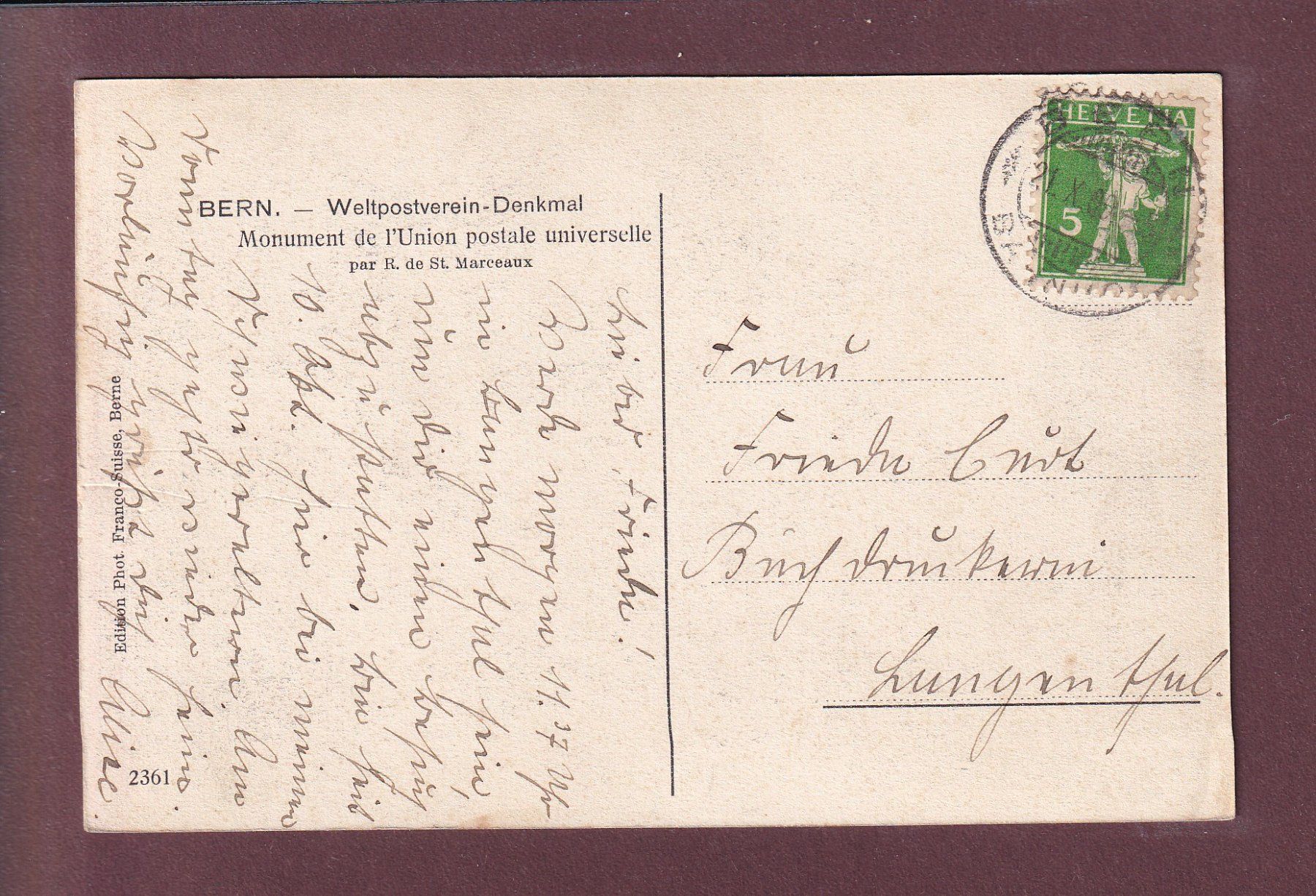 Cartoline postali: BERN - Weltpostdenkmal - Leute - 1909 – Usato da Pully venduto da nicecards 1