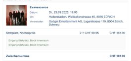 2 Tickets Evanescence 29.09.2026 Hallenstadion Zurich