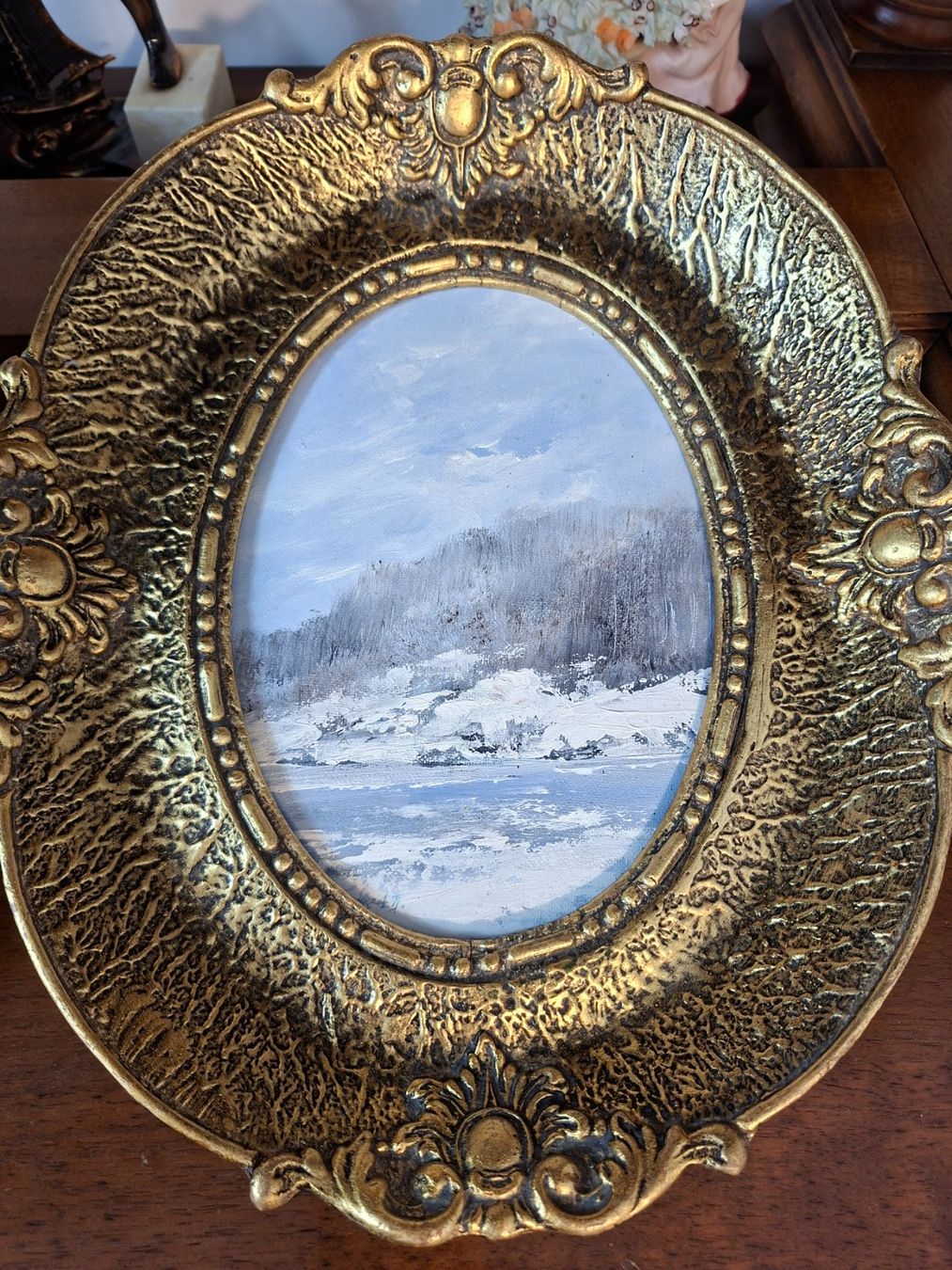 Dipinti: 2er Set Oval Gemälde Winterlandschaft Prunkrahmen – Usato da Steffisburg venduto da ZeitReise_ 2