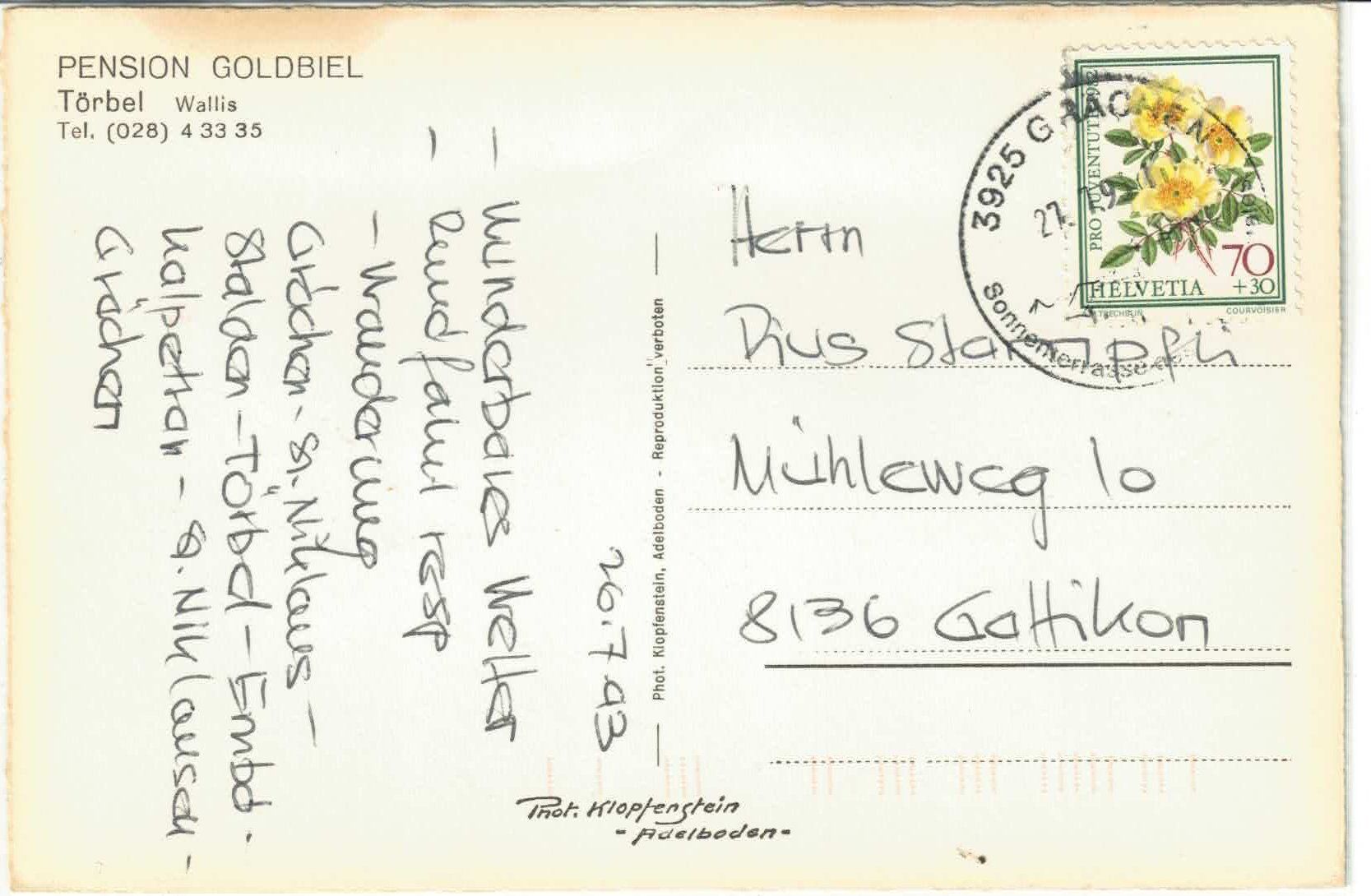 Cartoline postali: Pension  Goldbiel - Törbel VS – Usato da Ettingen venduto da Kartenplanet 1