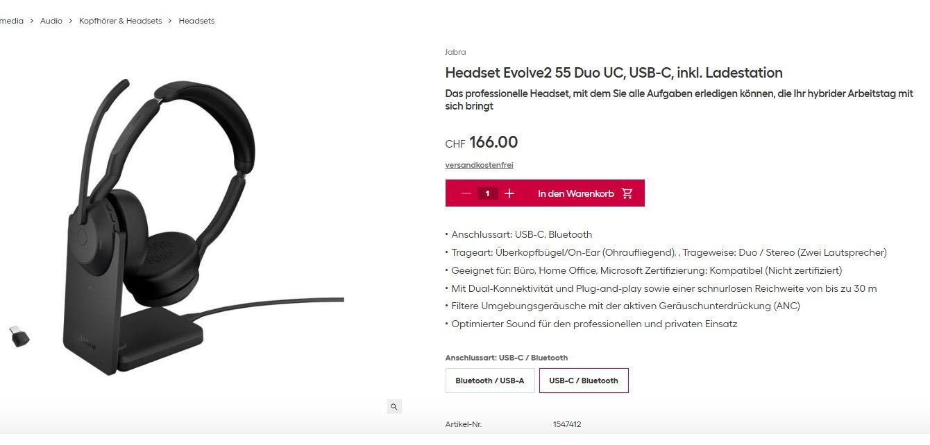 Jabra Cuffie: Jabra Evolve 2 55 Duo UC, USB-C, inkl. Ladestation – Nuovo e nell'imballaggio originale da Winterthur venduto da ChicMarkt 1