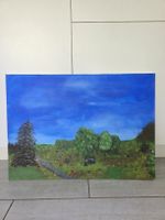 Gemälde Landschaft mit Bäumen und Blumen.