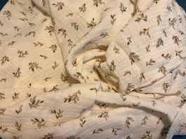 Musselin Stoff Blattmuster Creme Braun NEU