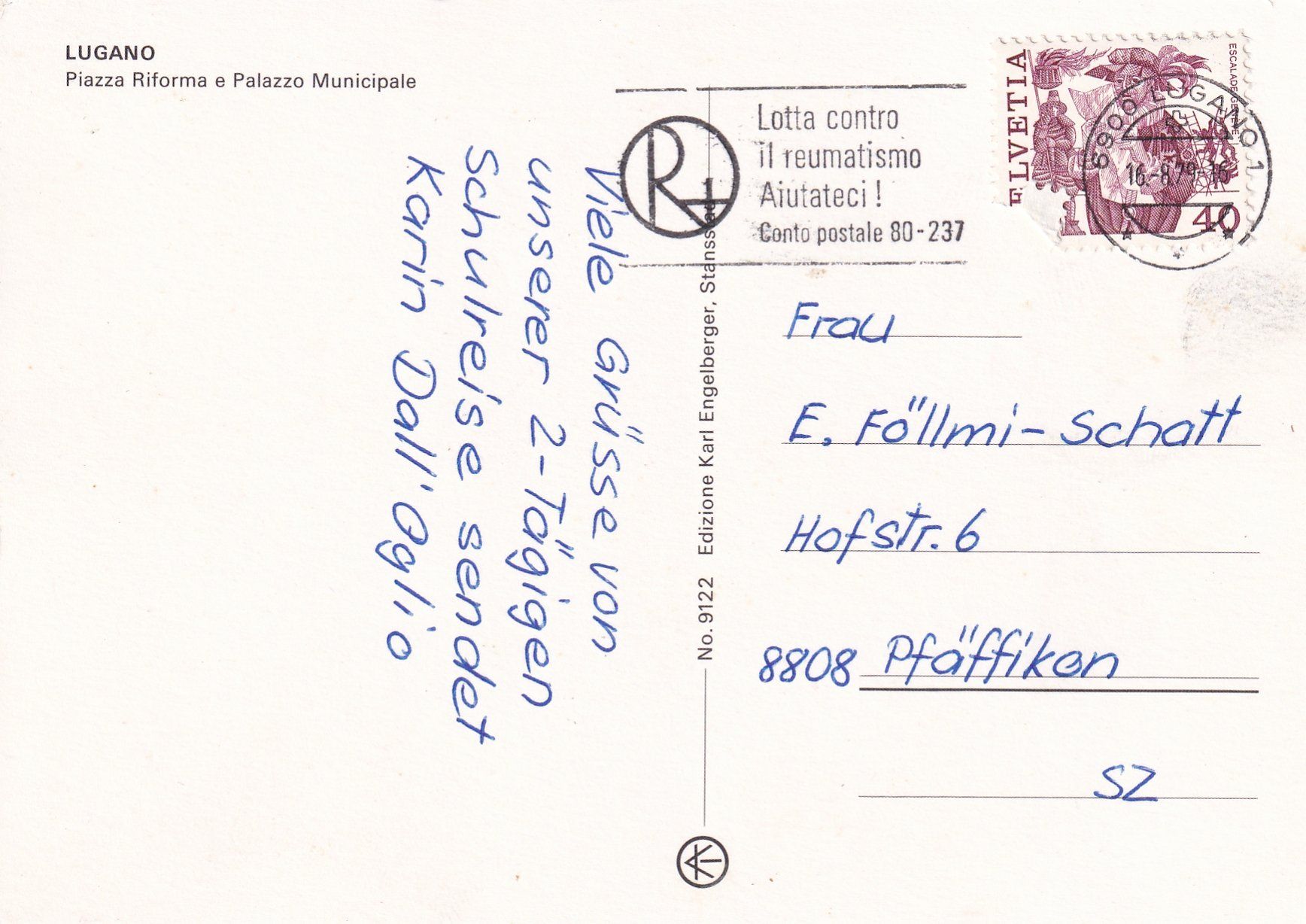 Cartoline postali: Lugano - Piazza Riforma e Palazzo Municipale /ay – Usato da Hombrechtikon venduto da Rudolf07 1
