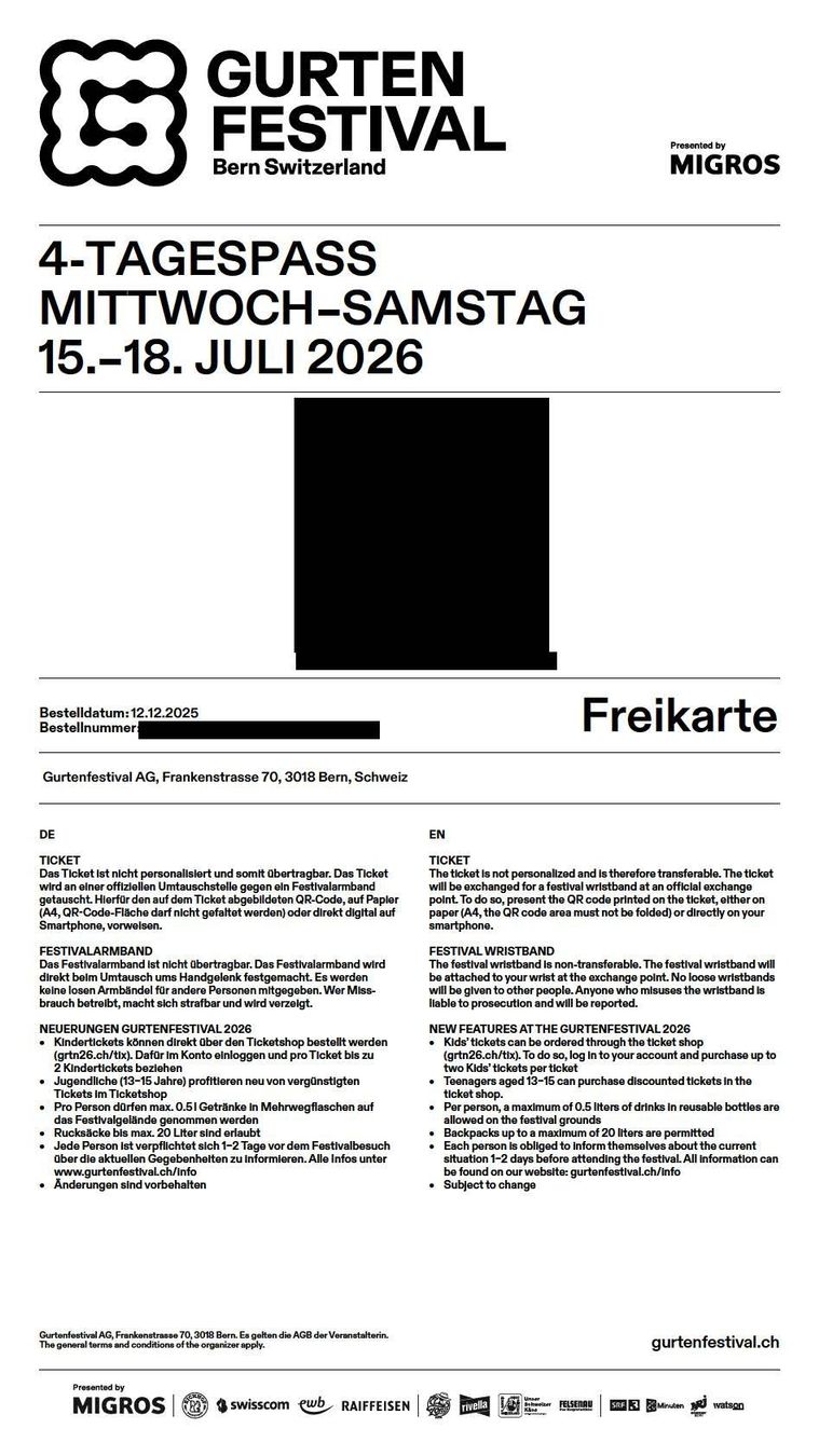 Biglietti: Gurtenfestival 4-Tagespass – Usato da Bern venduto da Janludewig