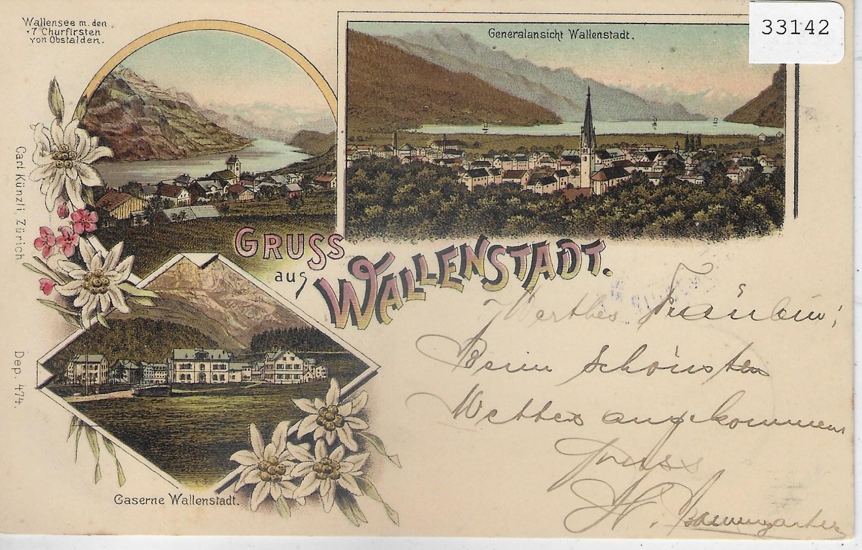 Cartoline postali: Gruss aus Wallenstadt - Caserne - Litho 1899 – Usato da Ettingen venduto da Kartenplanet