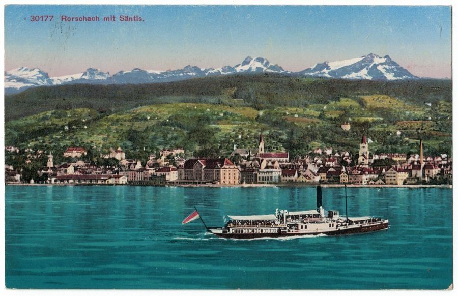 Cartoline postali: Rorschach mit Säntis, Dampfer, datiert 1924 – Usato da Frauenfeld venduto da POML