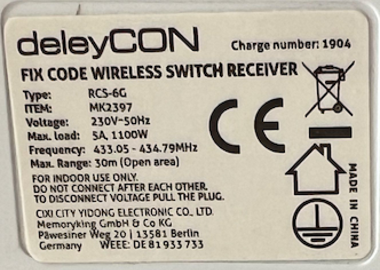 Fiches d'alim.: deleyCON FIX CODE WIRELESS SWITCH RECEIVER  Type: RSC-6G – D'occasion à Wisen par Tukta08 2