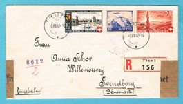 Zensurbrief nach Dänemark mit Mischfrankatur THUN 3.VIII.42