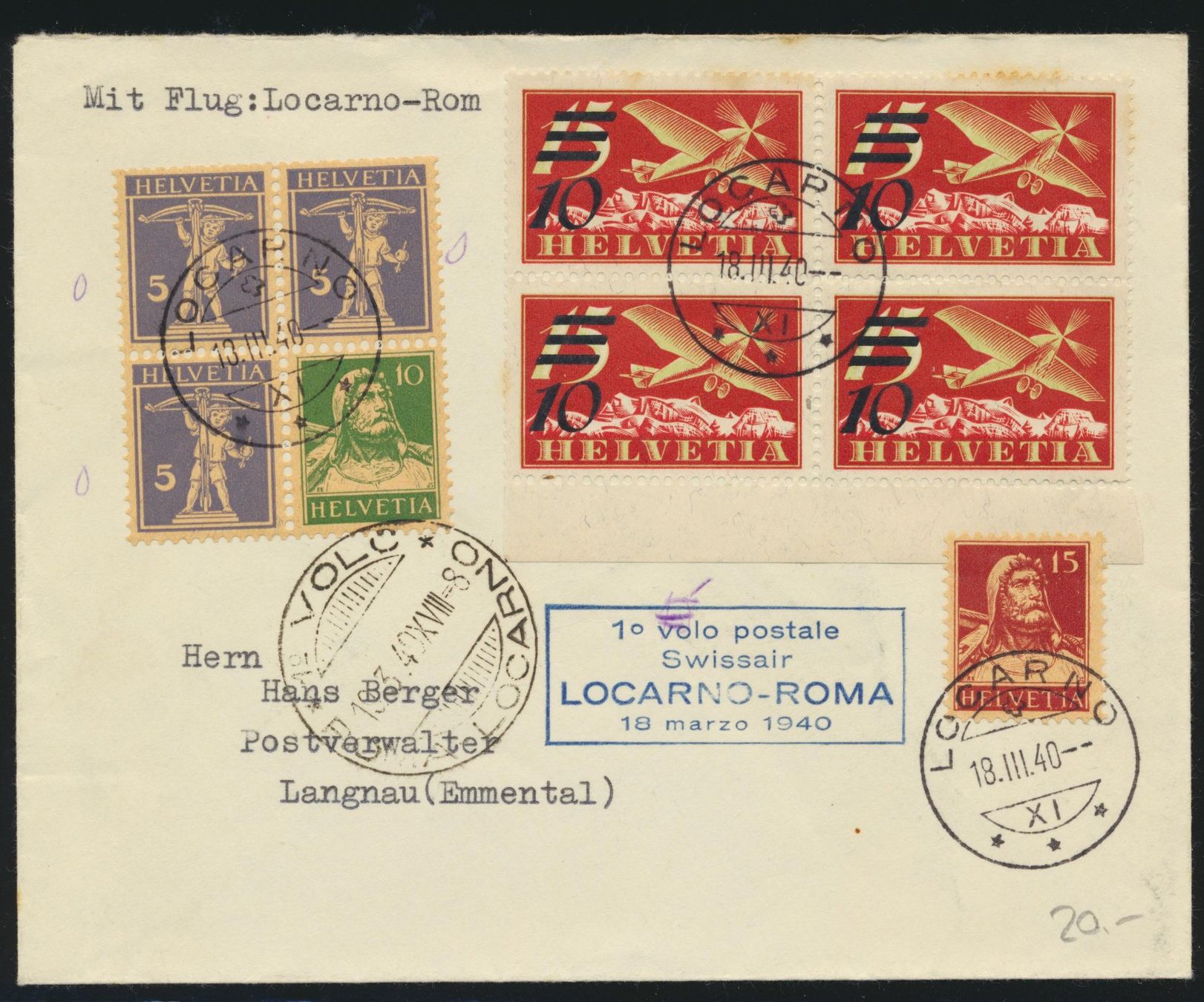 Tutti i francobolli: Flugbrief Locarno-Rom 1940 – Usato da Roggwil BE venduto da Stampdealer3