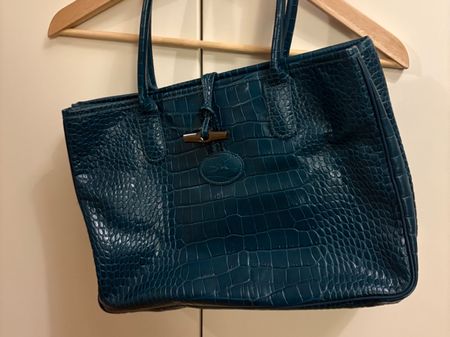Longchamp Handtasche petrol Krokoprägung guter Zustand