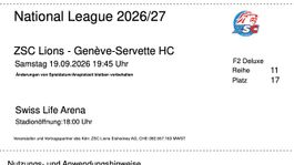 2 x Tickets - Sa. 19.09.2026 - ZSC Lions gg. HC Genève S.